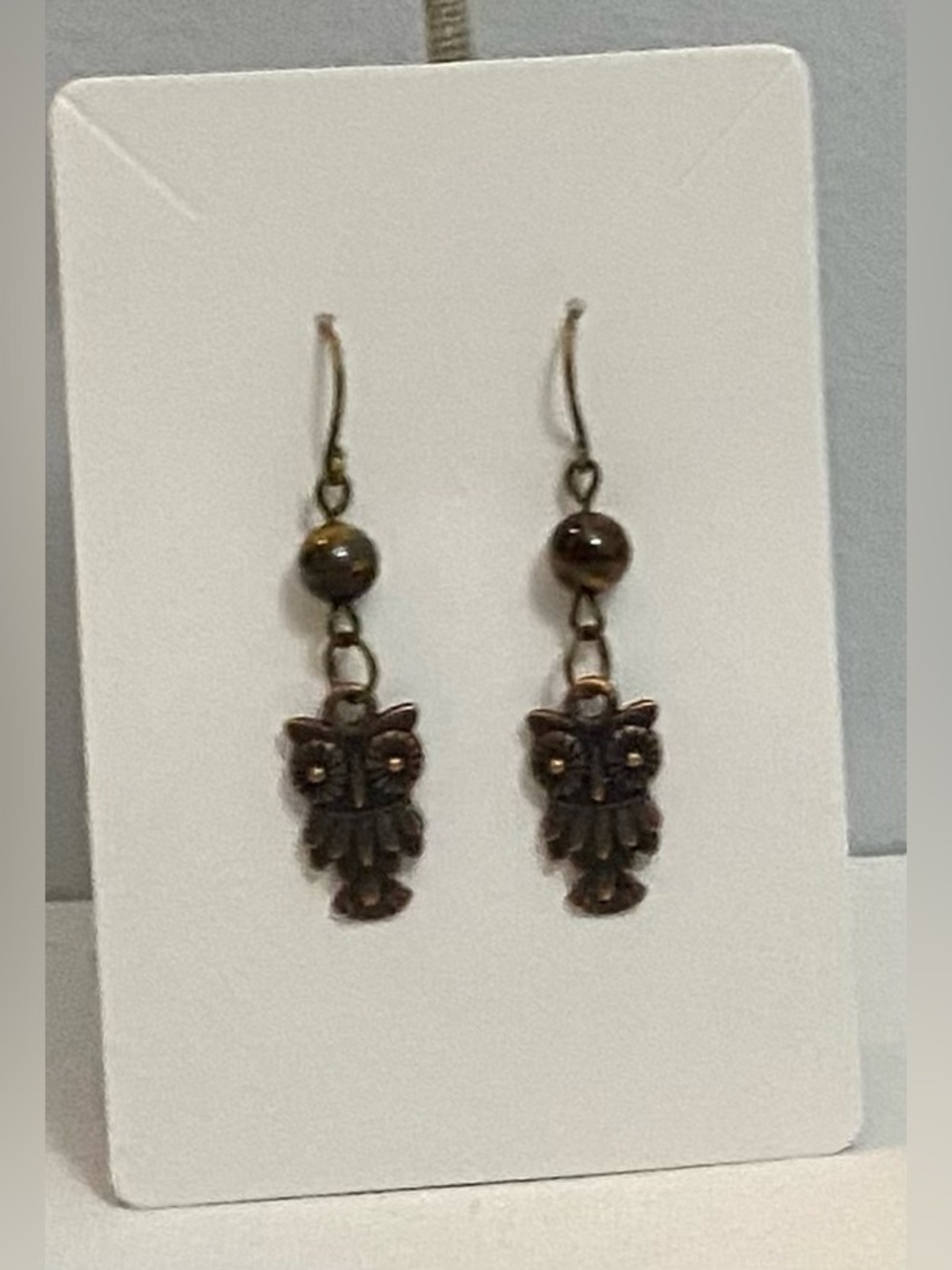 Copper Owl charm with Genuine Tiger's Eye crystal  earrings